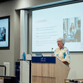 Photo of Dr Rachel Forsyth presenting her keynote address