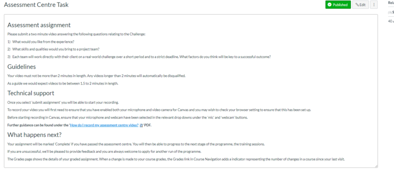 A screenshot of the Assessment centre task screen showing an outline of procedure for the video based reflective assignment