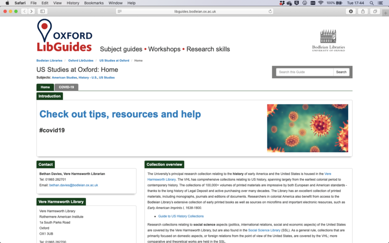 A screenshot of the Oxford LibGuides 'US Studies at Oxford' homepage