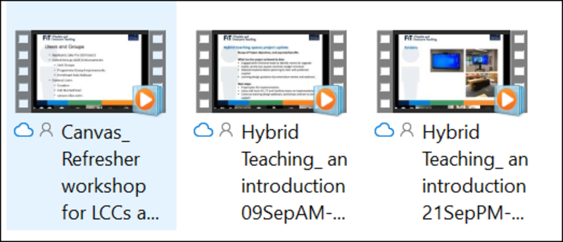 An example of three video recordings displayed as thumbnails