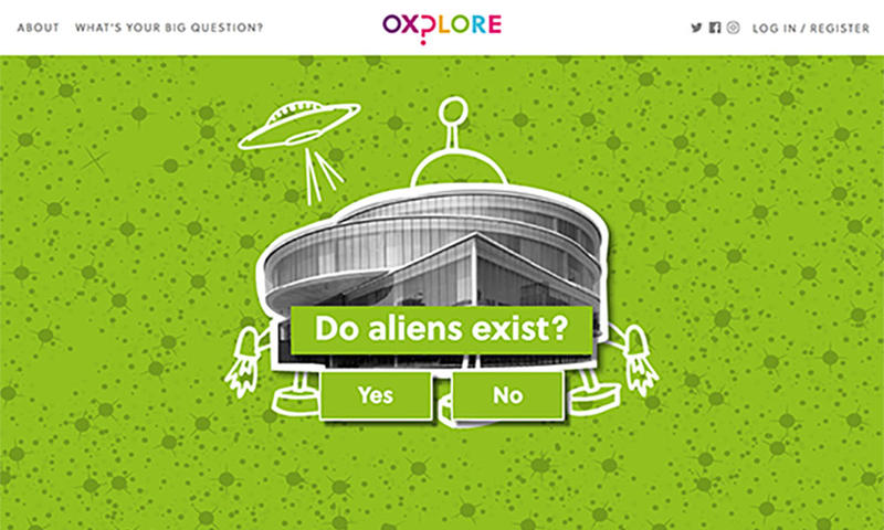 Screenshot from the Oxplore website with a big question about aliens.
